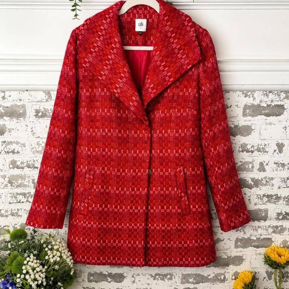 Cabi Sunday Topper Coat Red Pink Tweed Wool Blend Jacket Womens XS